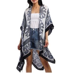 Woven Heart blue white boho kimono beach cover up flowy pool summer vacation